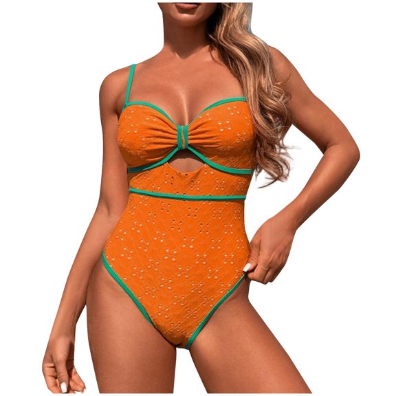 Xfvqtps Womens One Piece Swimsuit High Cut Front Hollow out Bowknot Adjustable Spaghetti Strap Tummy Control Graceful Beach Summer Monokini Swimsuit Orange