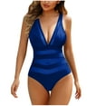 thumbnail image 1 of Xfvqtps Womens One Piece Swimsuit Waist Hollow Mesh Stripe High Cut Deep V Neck Backless Tummy Control Solid Color Beach Summer Monokini Swim Suit Blue, 1 of 4