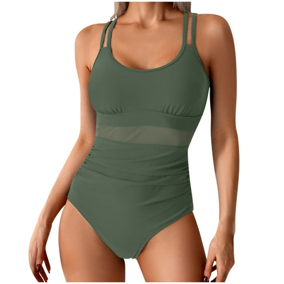 Xfvqtps Womens One Piece Swimsuit Waist Mesh High Cut Sleeveless Scoop Neck Backless Solid Color Beach Summer Monokini Swim Suit Army Green