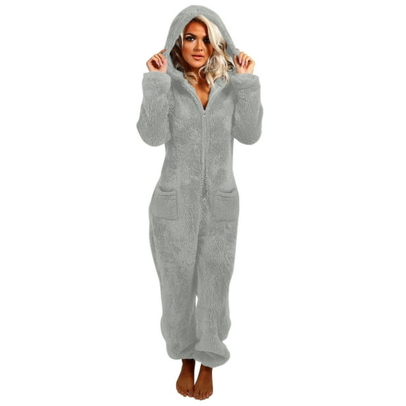 Xfvqtps Womens Onesies Pajamas Jumpsuit with Pocket Hoodie Long Sleeved Sherpa Romper Nightwear One Piece Zipper Cozy Comfortable Soft Thickened Warm Winter Home Playsuit Loungewear Gray