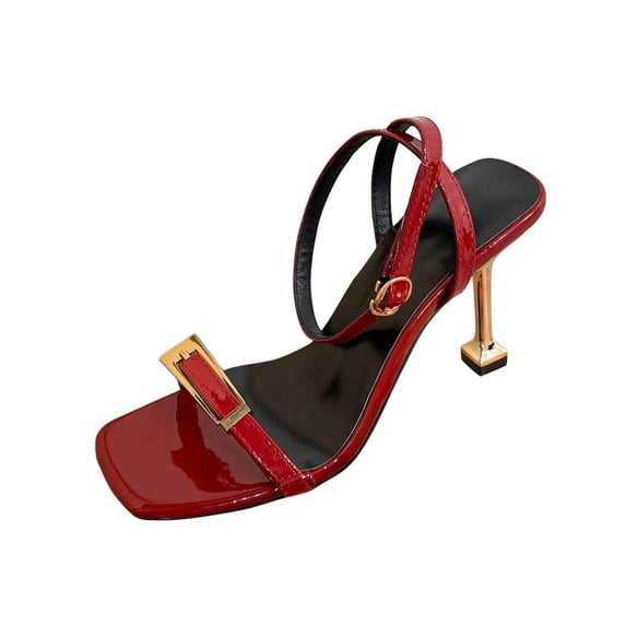 Xfvqtps Womens Open Toe Ankle Strap Heels Glossy Patent Leather Slim Gold Heel Dressy Sandals for Evening Party Date Night