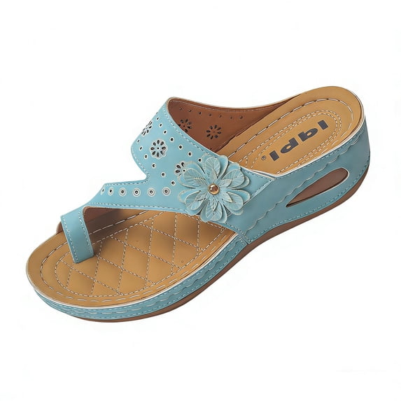Xfvqtps Womens Orthopedic Wedge Sandals Flip Flop Toe Ring Floral Embellished Soft Sole Non Slip Slip on Comfortable Shoes for Spring Summer