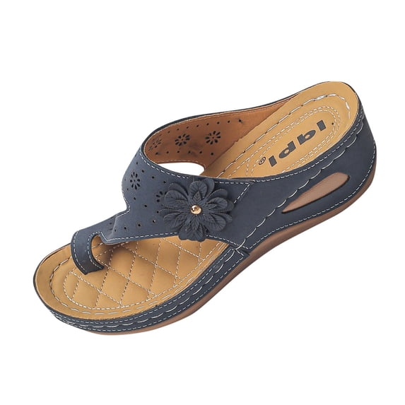 Xfvqtps Womens Orthopedic Wedge Sandals Flip Flop Toe Ring Floral Embellished Soft Sole Non Slip Slip on Comfortable Shoes for Spring Summer