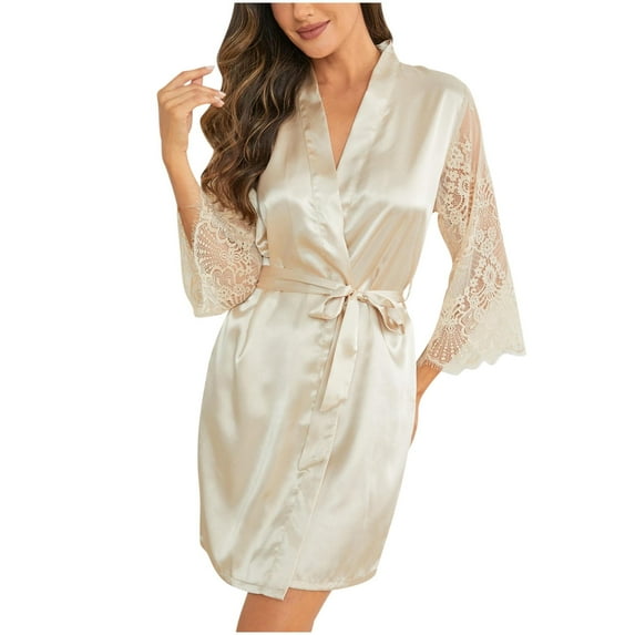 Xfvqtps Womens Pajama Bridal Bridesmaids Robes 3/4 Lace Sleeve V Neck Solid Color Satin Soft Comfortable Silky Nightwear Beige