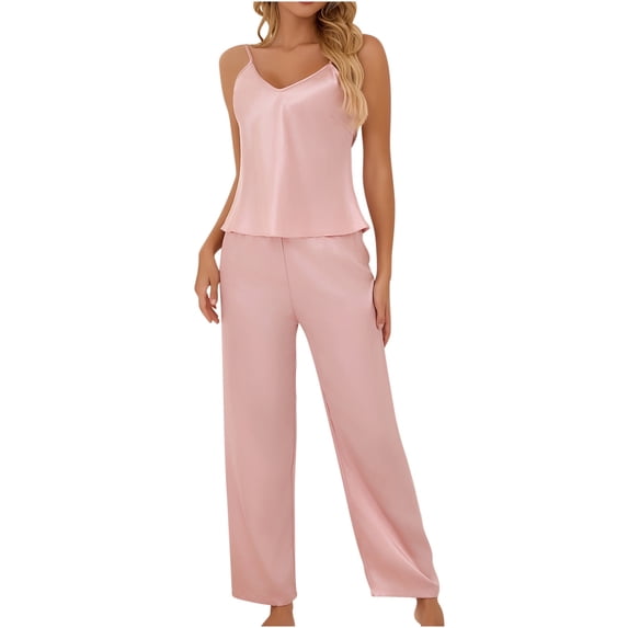Xfvqtps Womens Pajama Set 2 PCS Sling and Pants Lace Back V-Shaped Solid Color Satin Soft Comfortable Silky Nightwear Pink