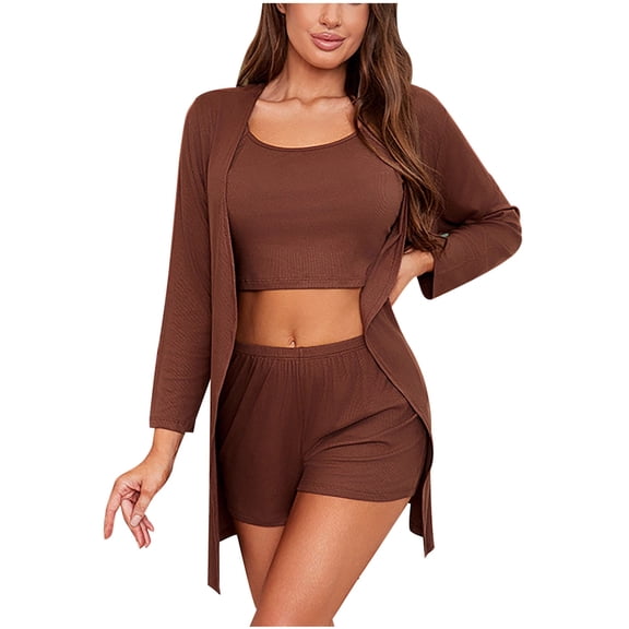 Xfvqtps Womens Pajama Set 3 PCS Sling Short Pants and Robe Open Front Solid Color Simplicity Cozy Comfortable Soft House Casual Suit Coffee