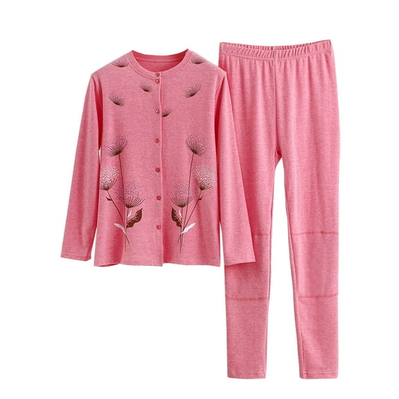 Xfvqtps Womens Pajama Set Open Front Button Round Neck Long Sleeved Narrow Leg Flower Print Cozy Comfortable Soft House Leisure Wear Cardigan and Pants Set Pink