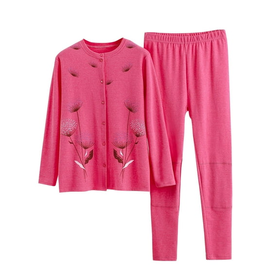 Xfvqtps Womens Pajama Set Open Front Button Round Neck Long Sleeved Narrow Leg Flower Print Cozy Comfortable Soft House Leisure Wear Cardigan and Pants Set Watermelon Red