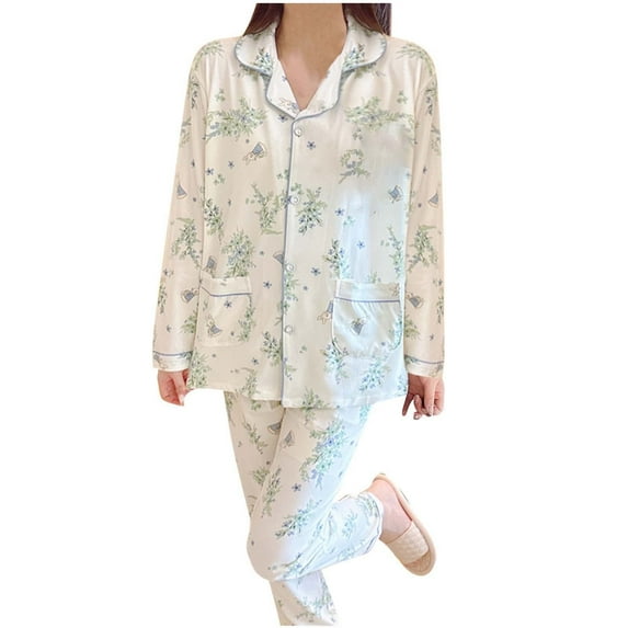 Xfvqtps Womens Pajamas Loungewear Open Front with Button Long Sleeve Lapel Neck Thin Style Rabbit Floral Print Cute Soft Comfortable Cozy Spring Top and Bottom Set Lounge Sleepwear White M