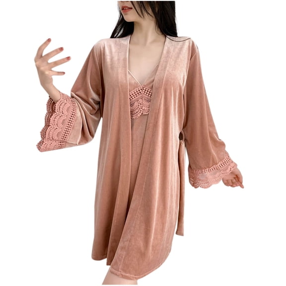 Xfvqtps Womens Pajamas Set Braces Skirt and Robe with Bell Sleeve Back Hollow Out Lace V Neck Velvet Cozy Soft Nightwear Pink