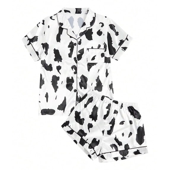 Xfvqtps Womens Pajamas Set Cow Pattern Short Sleeved Short Pants Flip Collar Button Cozy Comfortable Soft House Silky Nightwear Top and Short Pants Set White