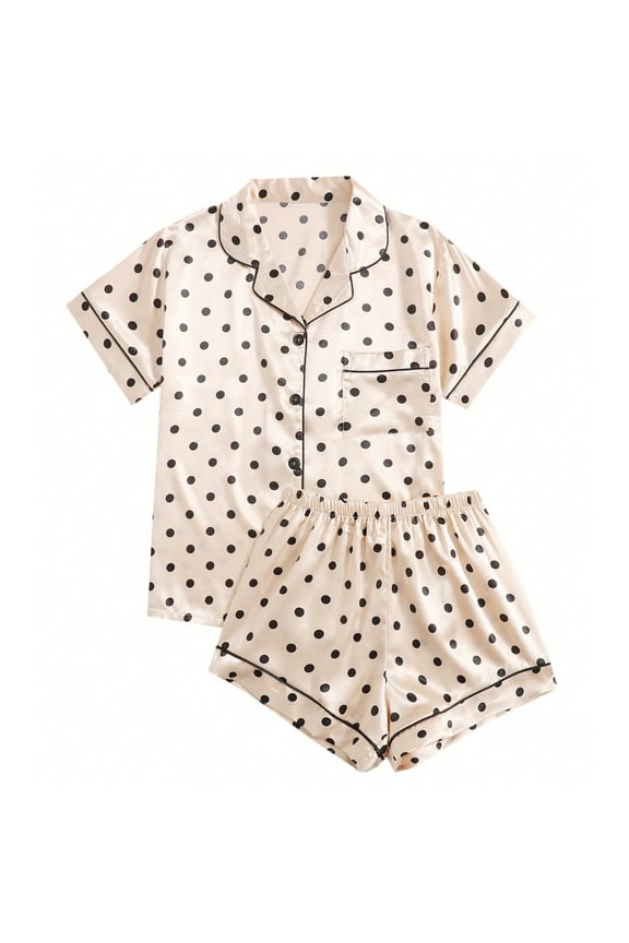 Womens Pajamas Set Polka Dot Short Sleeved Short Pants Flip Collar Button Cozy Comfortable Soft House Silky Nightwear Top and Short Pants Set Yellow