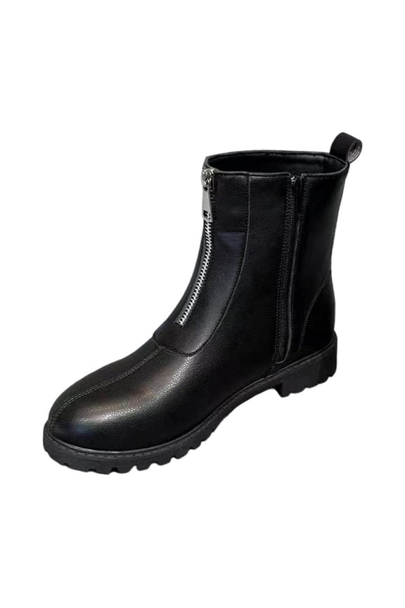 Womens Flatform Ankle Boots with Front Zipper Chunky Sole Martin Booties Fashion Wide Width Comfortable Low Heel Shoes for Fall Winter Street Style Black
