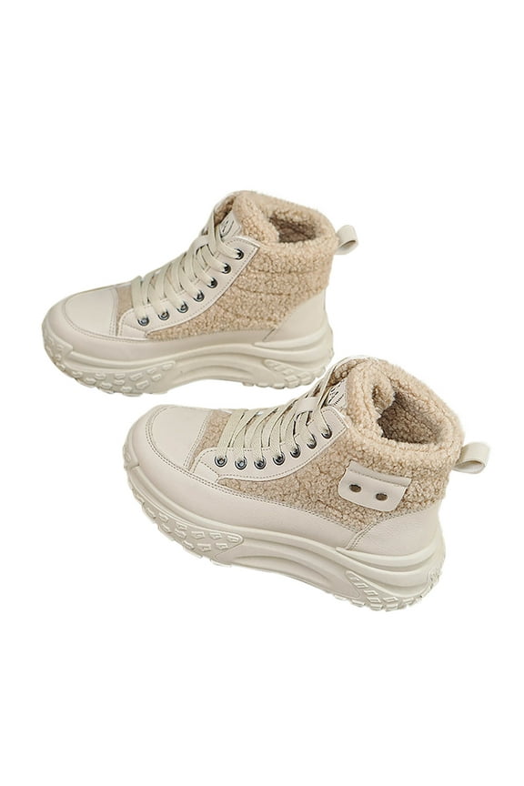 Womens Platform Combat Booties Splicing Together Fleece Lining Lamb Wool Lace up Thickened Soft Sole Non Slip Fashion Comfortable Warm Winter Snow Boots Khaki