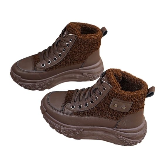 Xfvqtps Womens Snow Booties Fleece Lined Lace up Splicing Together Thickened Soft Sole Non Slip Comfortable Warm Winter Boots Brown