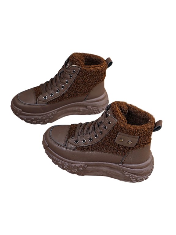 Womens Snow Booties Fleece Lined Lace up Splicing Together Thickened Soft Sole Non Slip Comfortable Warm Winter Boots Brown