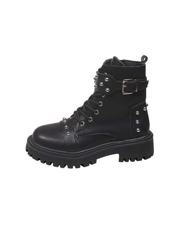 Womens Flatform Martin Boots Chunky Sole Lace up Ankle Boots with Metal Buckles Trendy Streetwear Gothic Booties for Fall Winter Black