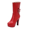 thumbnail image 1 of Xfvqtps Womens Flatform High Heel Boots 4.7 Inch Block Heel Ankle Booties Double Buckle Strap Fashion Winter Shoes for Women Style Red, 1 of 5