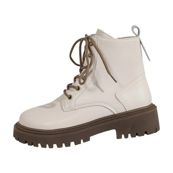 Xfvqtps Womens Flatform Lace up Ankle Boots with Side Zipper Chunky Heel Non Slip Sole Comfortable Fashion Boots for Fall Winter White