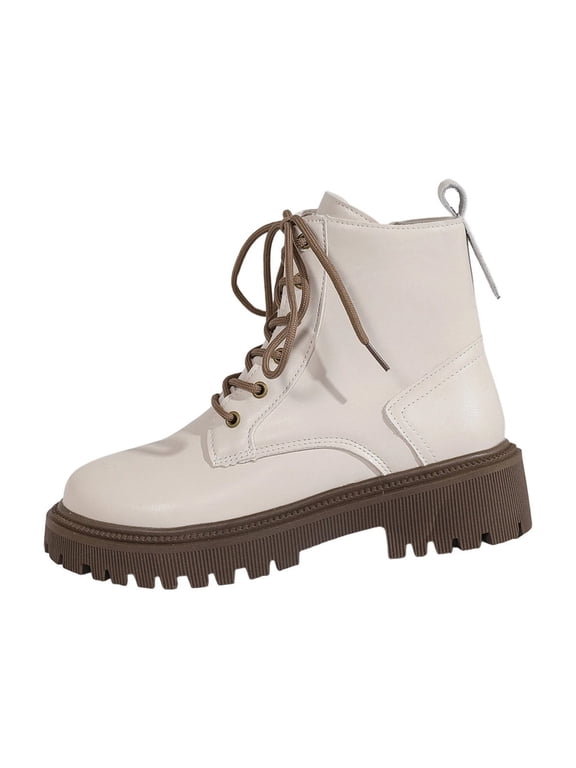 Womens Flatform Lace up Ankle Boots with Side Zipper Chunky Heel Non Slip Sole Comfortable Fashion Boots for Fall Winter White