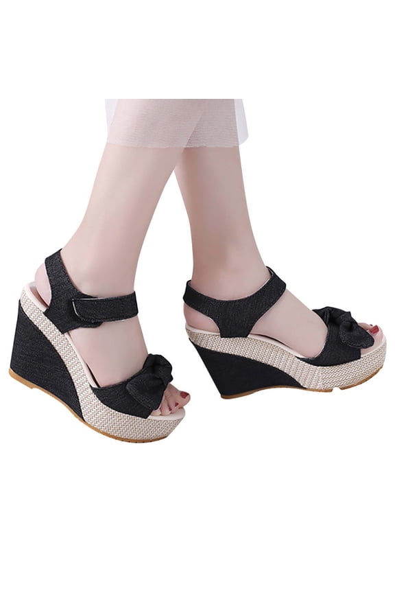Womens Wedges Sandals Espadrilles High Heeled Open Toe Ankle Strap Hook and Loop Bowknot Elegant Non Slip Breathable Lightweight Casual Summer Pumps Black