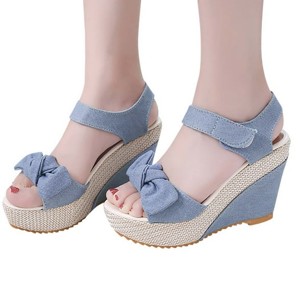 Xfvqtps Womens Wedges Sandals Espadrilles High Heeled Open Toe Ankle Strap Hook and Loop Bowknot Elegant Non Slip Breathable Lightweight Casual Summer Pumps Blue