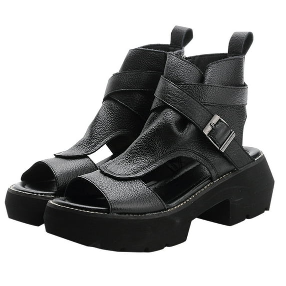 Xfvqtps Womens Flatform Sandals High Top Side Zipper Vintage Leather Open Toe Hollow Chunky Heel Gladiator Summer Outdoor Casual Beach Athletic Sandal Black