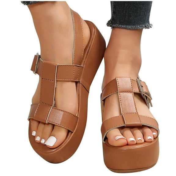 Xfvqtps Womens Sandals Slingback Open Toe Flatform Wedge Adjustable Buckle Comfortable Non Slip Summer High Heels Sandals Beige Brown