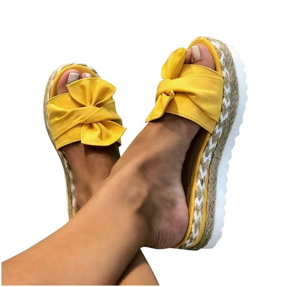 Xfvqtps Womens Flatform Sandals Slip on Open Toe Jute Wrapped Bottom Design Bow Flock Breathable Non Slip Lightweight Summer High Heels Slipper Yellow