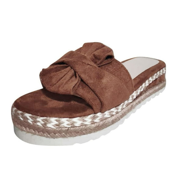 Xfvqtps Womens Flatform Sandals Slip on Open Toe Jute Wrapped Bottom Design Bow Flock Breathable Non Slip Lightweight Summer High Heels Slipper Brown