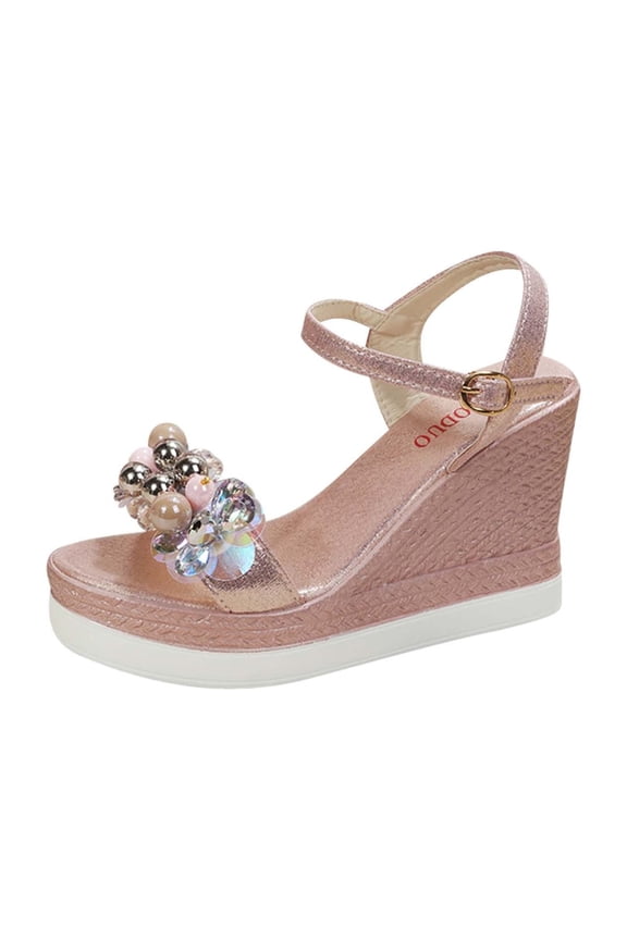Womens Flatform Sandals Wedge High Heel Open Toe Ankle Strap Adjustable Buckle Rhinestone Glitter Sparkly Dressy Casual Fashion Lightweight Summer High Heels Pink