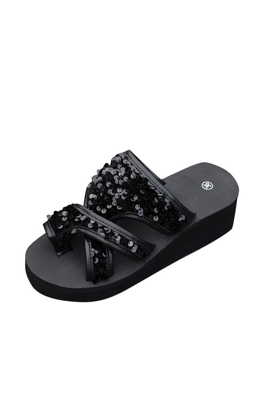 Womens Flatform Sandals Wedge Slide Toe Ring Sequin Cross Strap Beach Summer Sandals Black