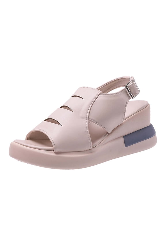 Womens Flatform Sandals Wedge Slingback Adjustable Buckle Peep Toe Hollow out Color Block Soft Sole Comfortable Lightweight Dressy Casual Breathable Summer High Heels Beige