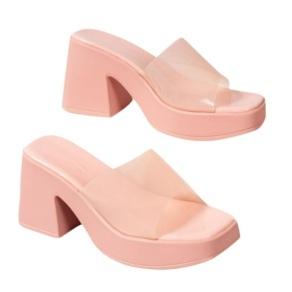 Xfvqtps Womens Flatform Slippers Thick Bottom High Heels Clear Strap Open Sqaure Toe Slip on Casual Indoor Outdoor Summer Wedge Sandals Pink