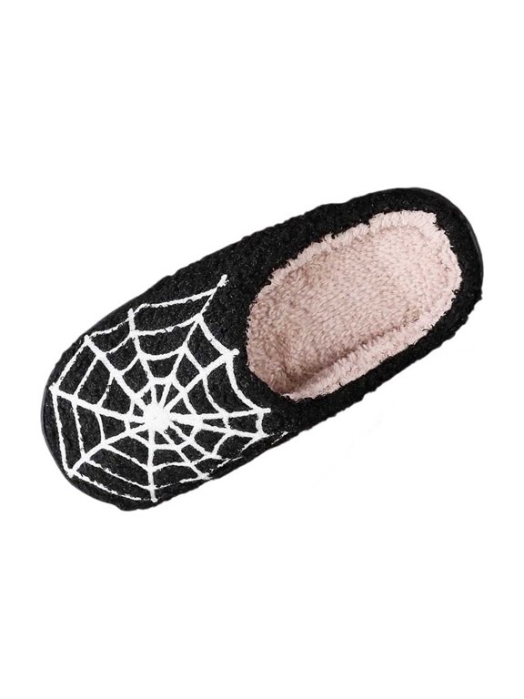 Womens Plus Size Halloween Slippers Spider Web Embroidered Closed Toe Cotton Warm Comfort Indoor Soft Sole Fall Winter Non Slip Lounge Shoes