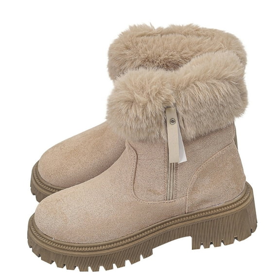 Xfvqtps Womens Plus Size Snow Boots Side Zipper Faux Fur Lining Thick Heel Winter Shoes Non Slip Sole Comfort Boots Beige
