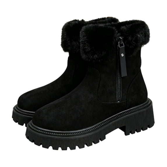 Xfvqtps Womens Plus Size Snow Boots Side Zipper Faux Fur Lining Thick Heel Winter Shoes Non Slip Sole Comfort Boots Black
