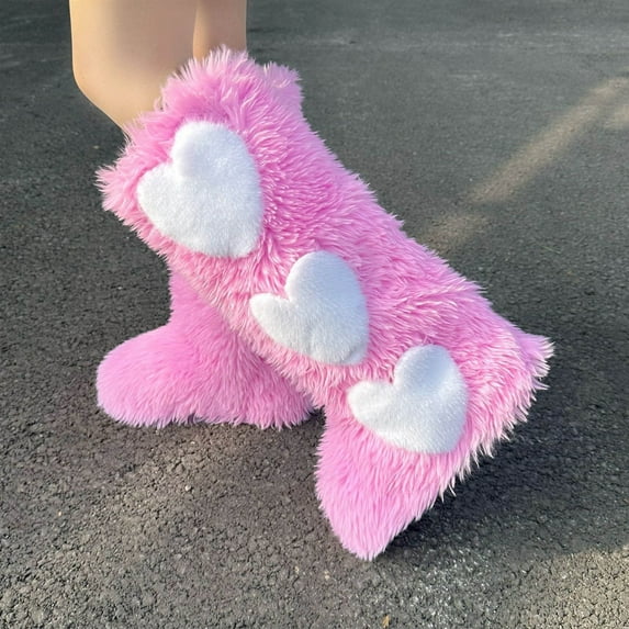Xfvqtps Womens Plush Furry Snow Boots Knee High with Heart Decor Cute Winter Fashion Boots for Women Lace up Warm Flat Sole Boots for Christmas Holiday Pink