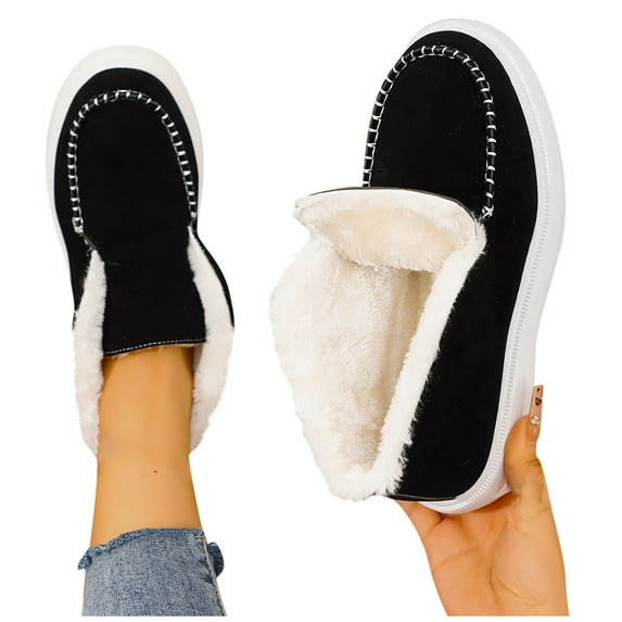 Xfvqtps Womens Plush Slip on Booties Cozy Fleece Lined Winter Shoes Non Slip Comfortable Snow Boots for Indoor Outdoor Wear Black