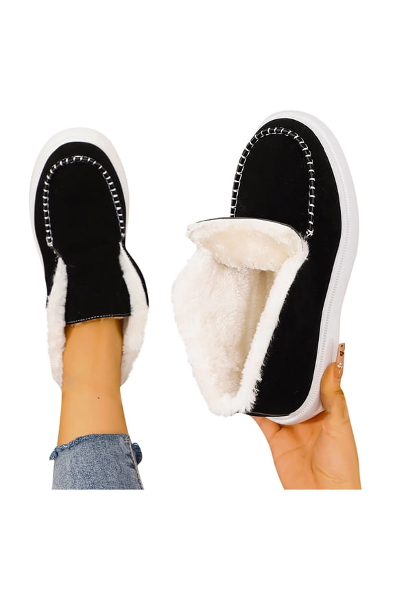 Womens Plush Slip on Booties Cozy Fleece Lined Winter Shoes Non Slip Comfortable Snow Boots for Indoor Outdoor Wear Black