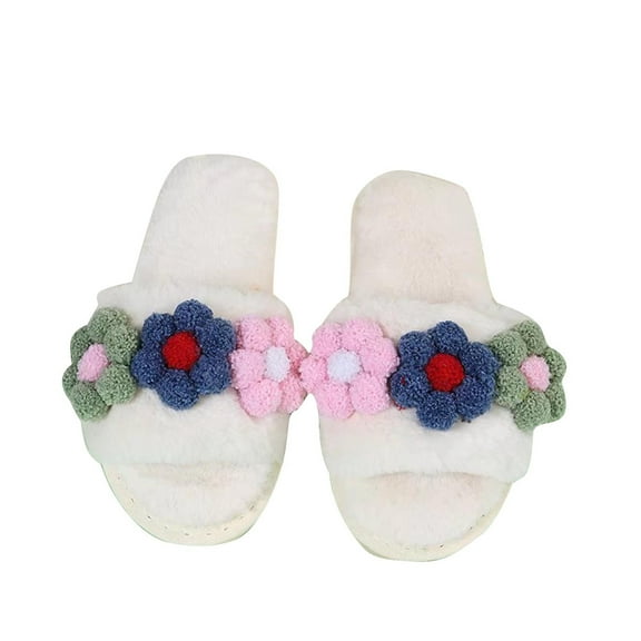 Xfvqtps Womens Plush Slippers Color Blocked Flowers Plush Fleece Line Non Slip Warm Winter Rubber Slippers Ladies Lovely Home Round Head Soft Sole Cotton Slippers Beige