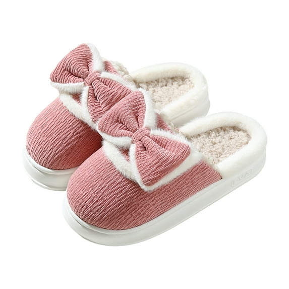 Xfvqtps Womens Plush Slippers Knit Fluffy Plush Bowknot Thick Bottom Non Slip Comfortable Indoor and Outdoor Warm Cotton Shoes Thermal Soft Furry Fleece Lined Home Bedroom Slippers Pink