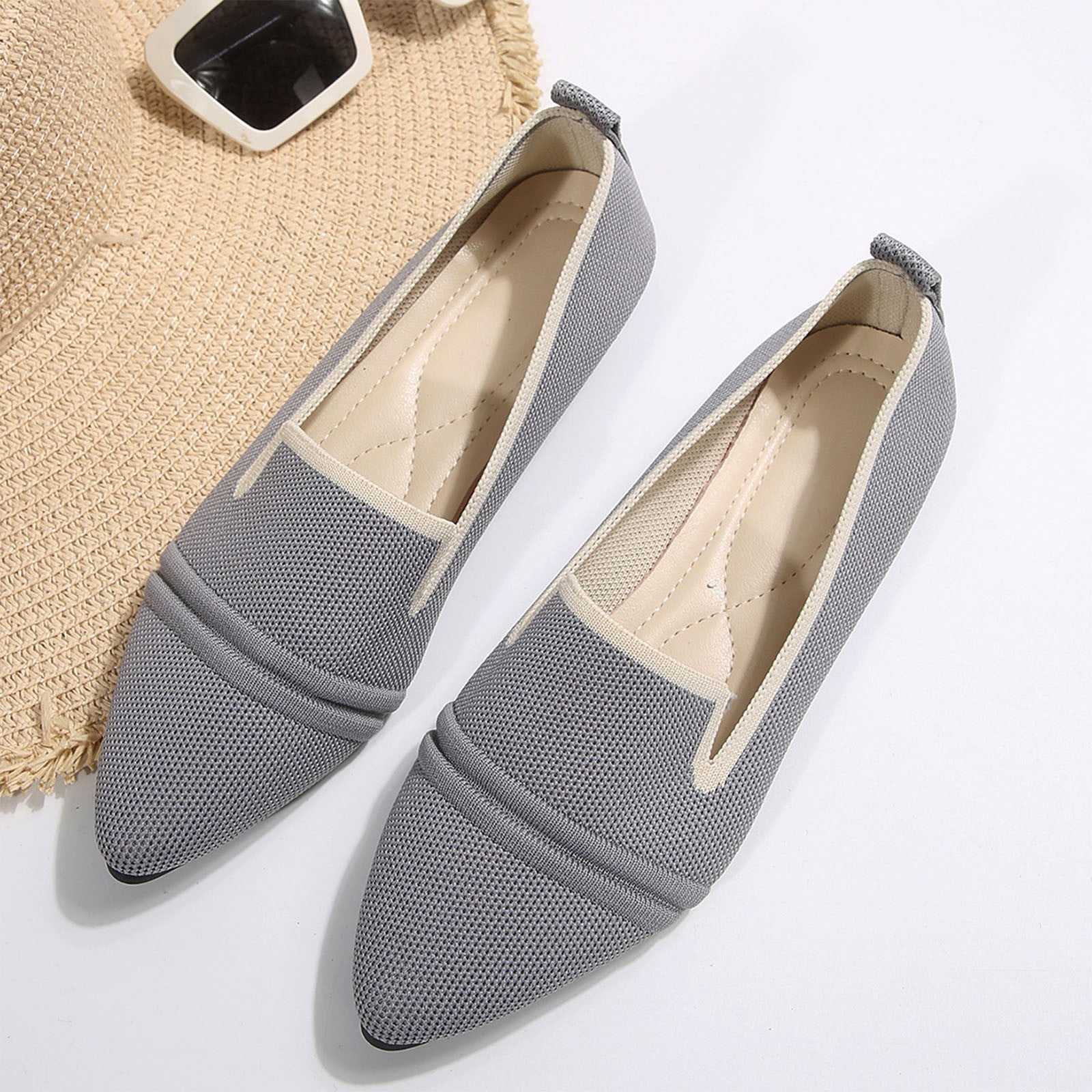 Xfvqtps Womens Pointed Toe Flats Breathable Slip on Casual Shoes