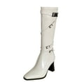 thumbnail image 1 of Xfvqtps Womens Pointed Toe Knee High Boots Winter Fashion Riding Booties Chunky Heel Flatform Sole Patent Leather Buckle Decor Boots White, 1 of 9