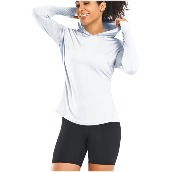 Xfvqtps Womens Pullover Cooling Sun Protection Hoodie Long Sleeves with Thumb Hole Solid Color Shirts for UV Outdoor Hiking Running White
