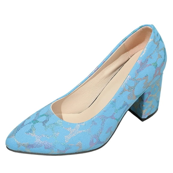 Xfvqtps Womens Pumps Pointed Toe Block Heel Patterned Fabric Dress Shoes Light Blue Floral Party Heels for Wedding Guest and Special Events