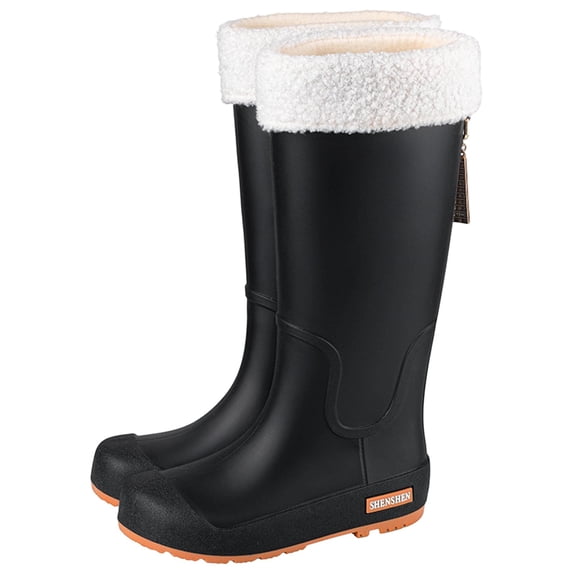 Xfvqtps Womens Rain Boots Waterproof Knee-Length Rubber Boots with Comfort Insole Plush Lined Casual Wear Garden Work Boots