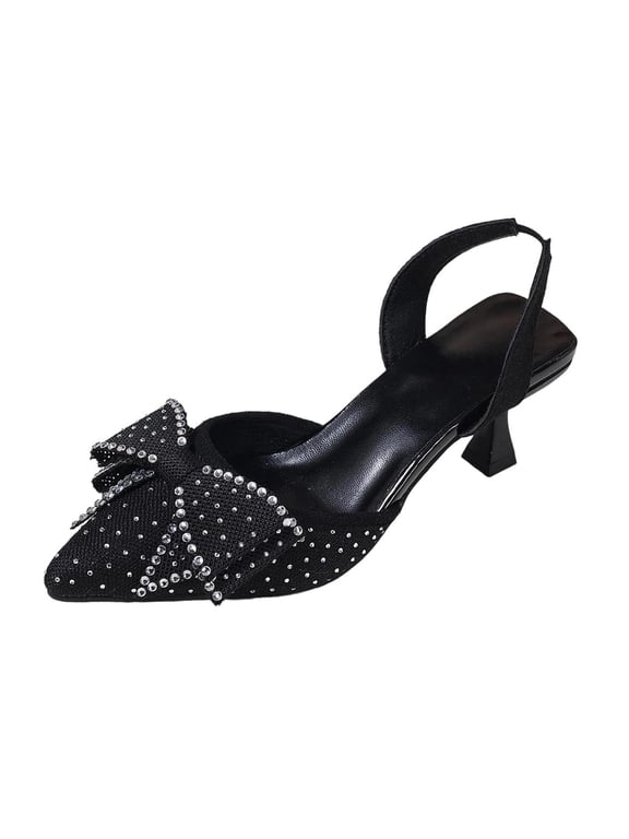 Womens Rhinestone Bow Slingback Pump Shoes Pointed Toe Evening Heels for Wedding Party Formal Wear
