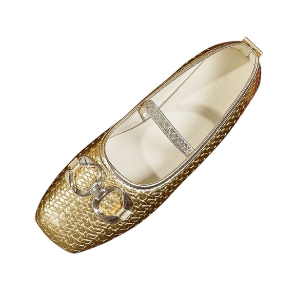 Xfvqtps Womens Rhinestone Buckle Flats Square Toe Textured Upper Padded Insole Casual Fashion Shoes for Leisure Wear Gold