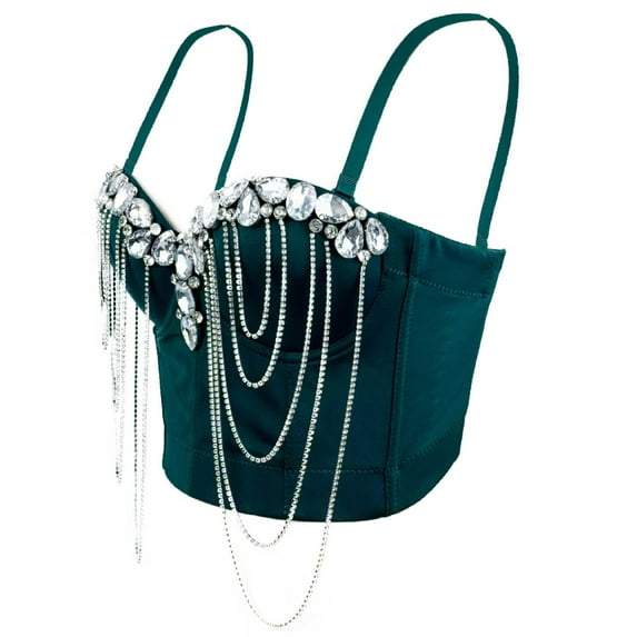 Xfvqtps Womens Rhinestone Chain Corset Crop Tops Sling Tube Top Flexible Boned Support Spaghetti Straps Bustier Vest Waist Corset Green